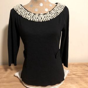 Vintage Pearl Neckline Black Knit 3/4 Sleeve Top